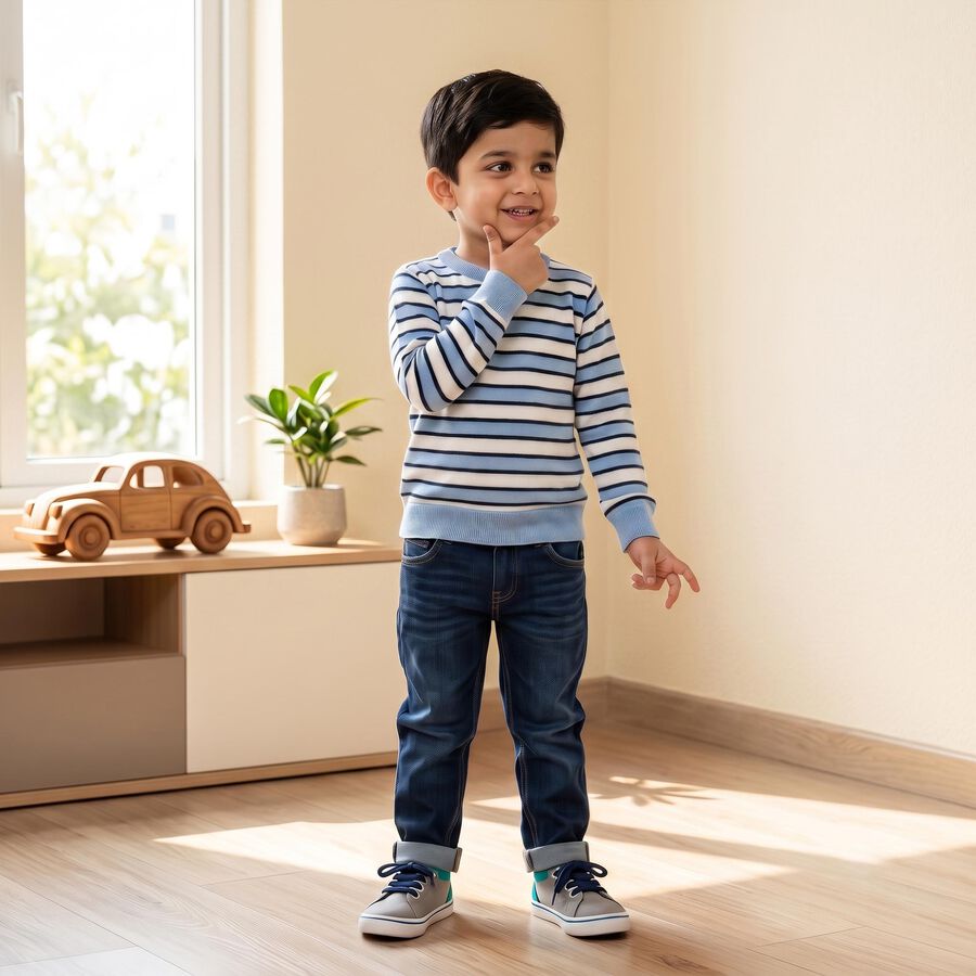Boys' Light Blue Crew Neck Striped Pullover, Light Blue, large