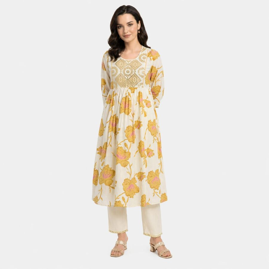 Women's Yellow Cotton Embellished Kurta Set Ethnic Set, Yellow, large