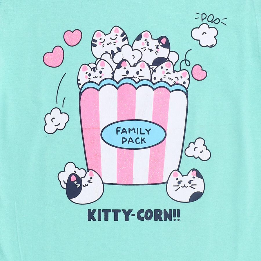 Girls Light Mint Green Cotton Round Neck Casual T-Shirt, हल्का हरा, large image number null