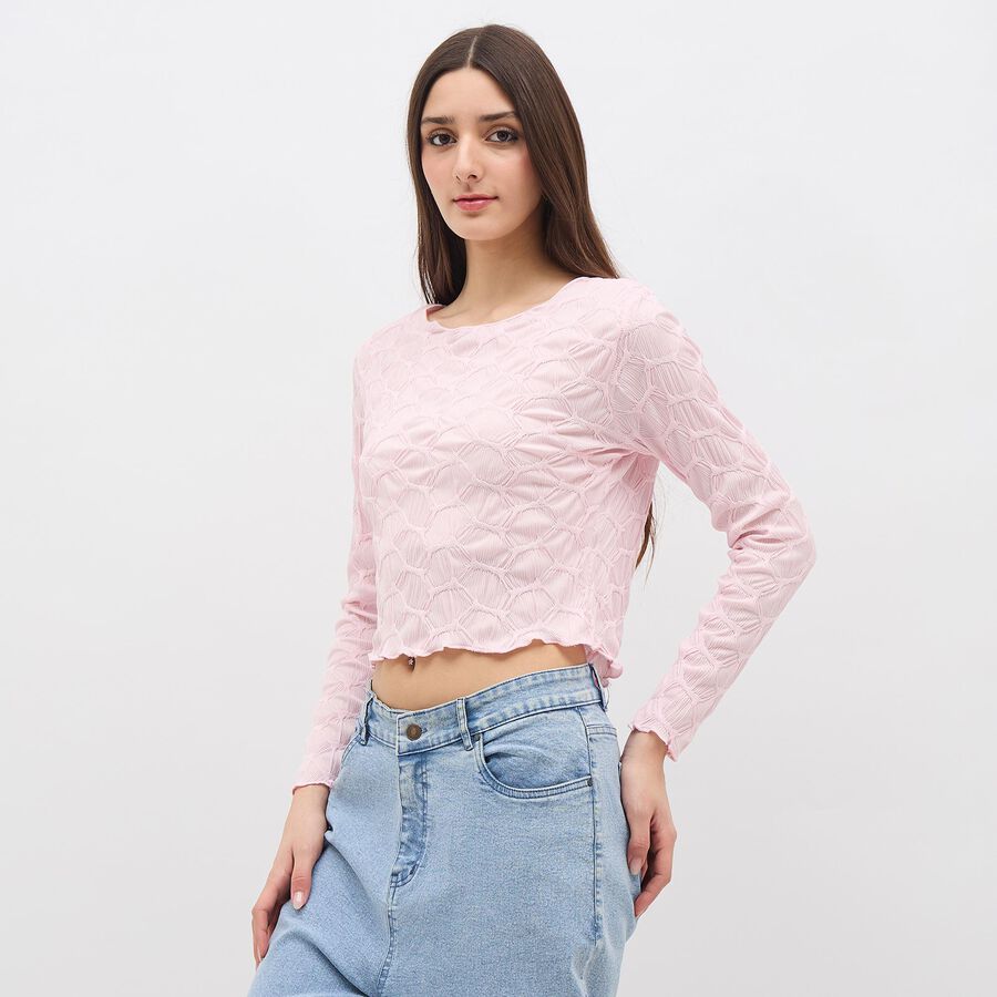 Women's Light Pink Round Neck Casual Crop Top, Light Pink, large