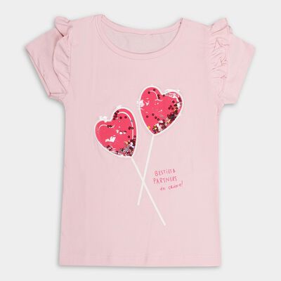 Girls' Light Pink Cotton Round Neck Casual T-Shirt