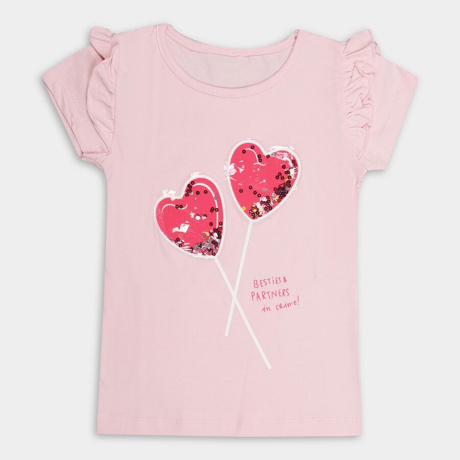 Girls' Light Pink Cotton Round Neck Casual T-Shirt, Light Pink, large image number null