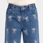 Girls' Mid Blue Straight Fit Bow Printed Jeans, मध्यम नीला, small