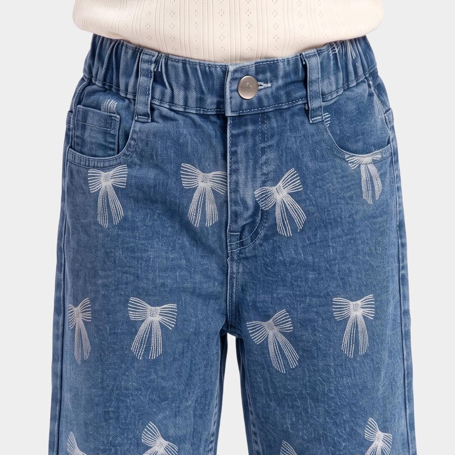 Girls' Mid Blue Straight Fit Bow Printed Jeans, मध्यम नीला, large