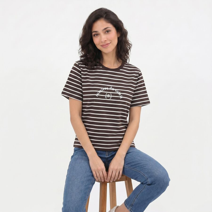 Women's Brown Round Neck Regular T-Shirt, भूरा, large