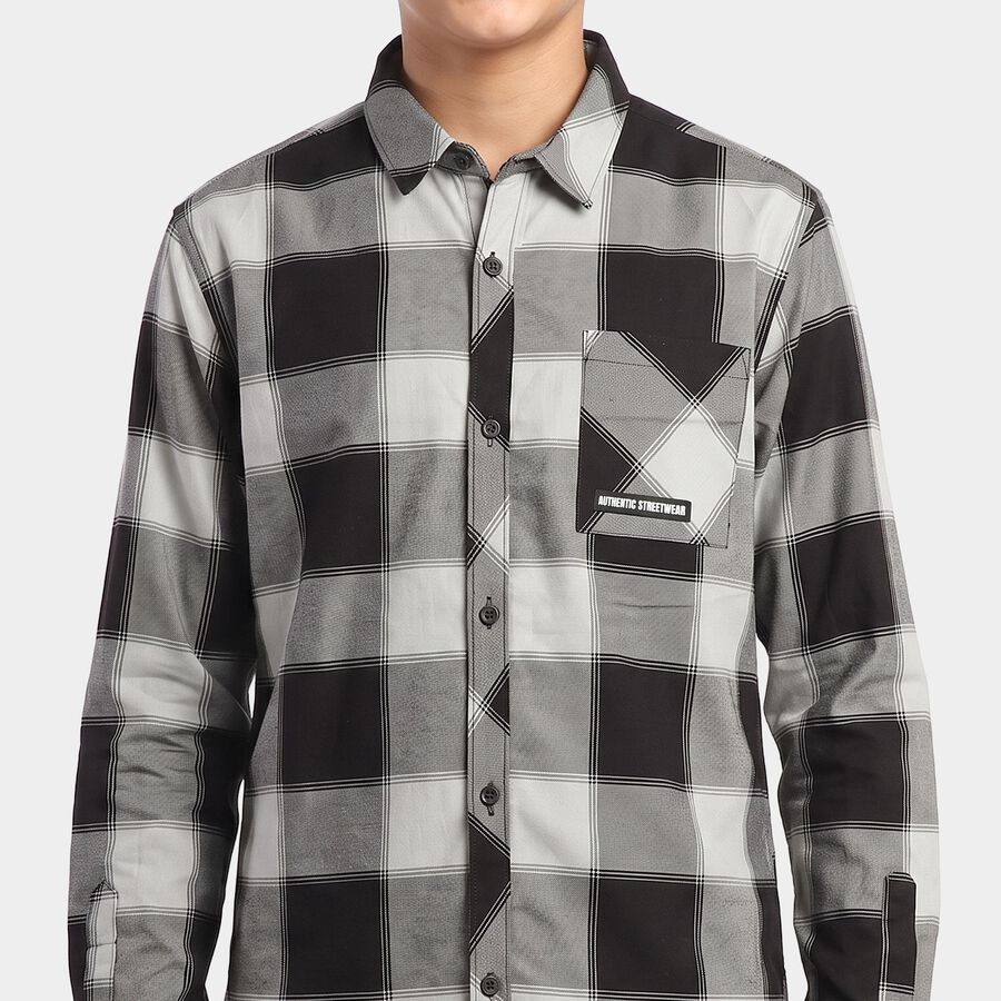 Boys Black Cotton Checked Shirt, Black, large