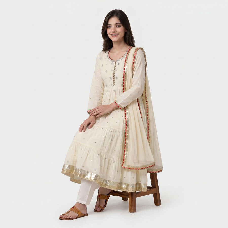 Women's Off White Cotton Round Neck Embellished Anarkali Kurta, ऑफ व्हाइट, large