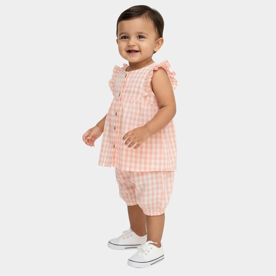Infant Girl Peach Cotton Gingham Sleeveless Top and Bloomers Set, पीच, large image number null