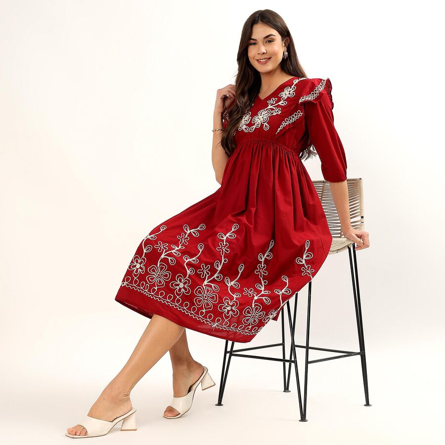 Women's Dusty Rose Pink Cotton V-Neck A-Line Floral Print Dress, मरून, large