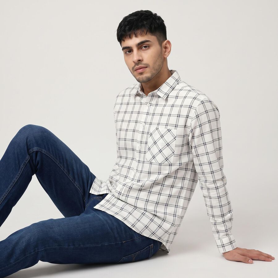 Men's White Cotton Long Sleeves Spread Collar Shirt, White, large