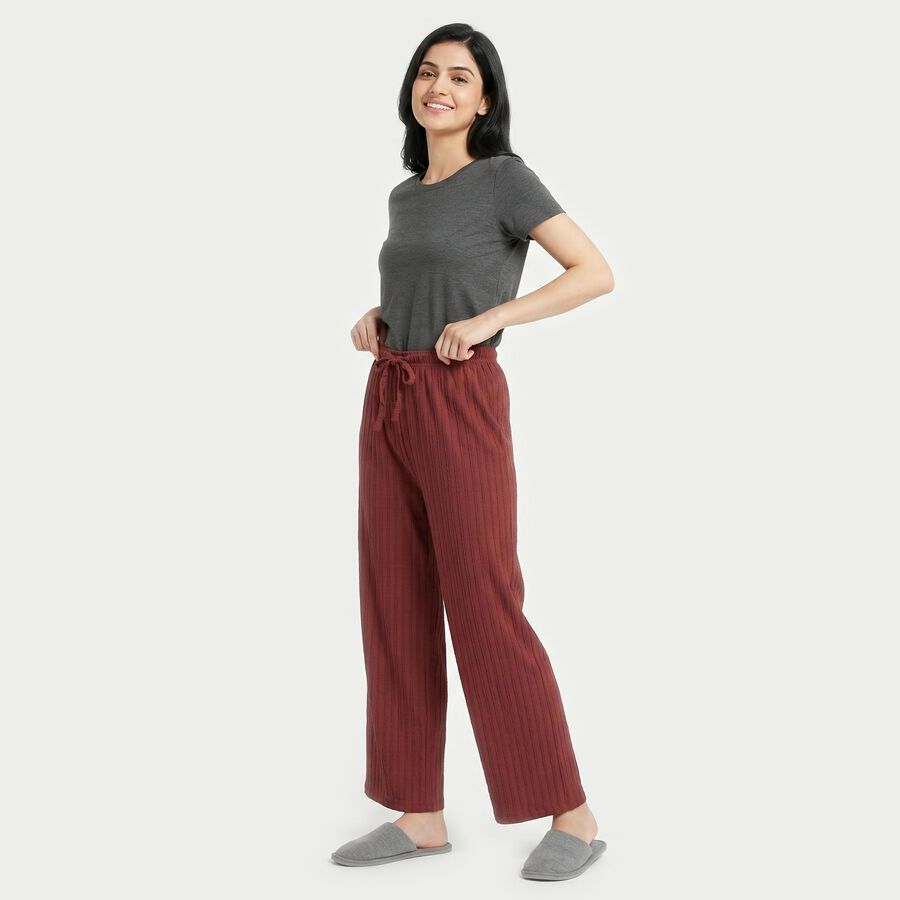 Women's Wine Straight Fit Ribbed Lounge Pyjama, Wine, large