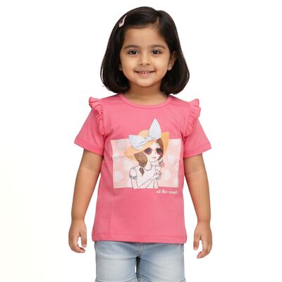 Girls Bright Pink Cotton Round Neck Casual T-Shirt