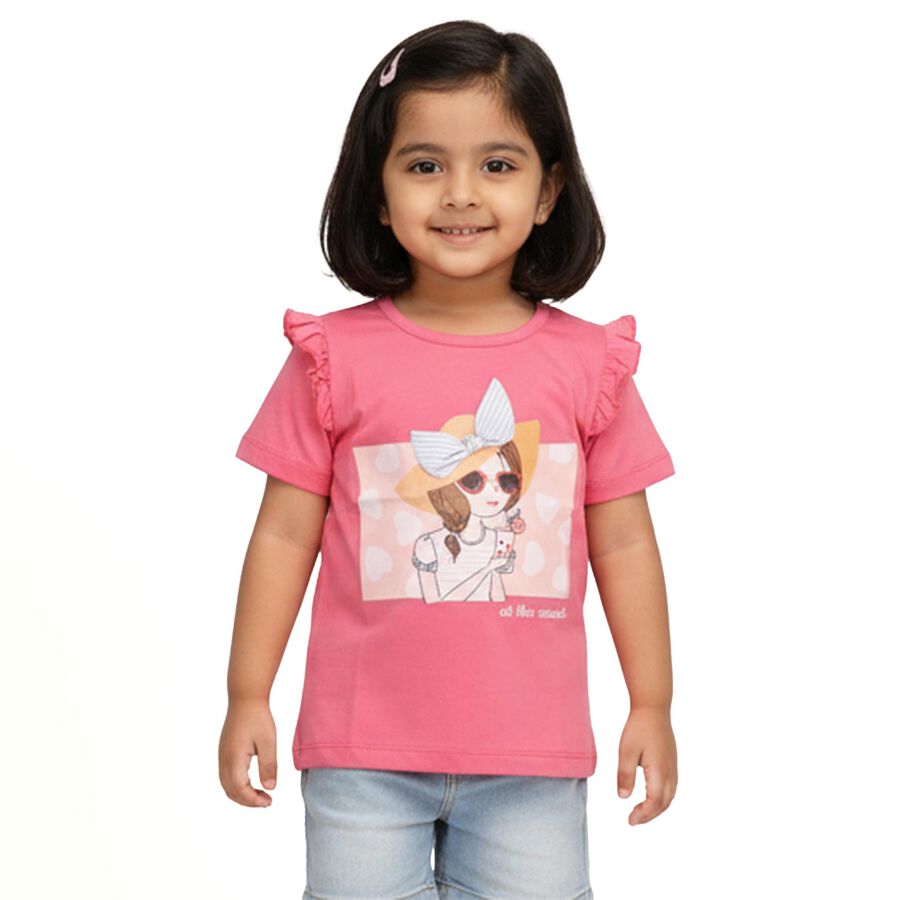 Girls Bright Pink Cotton Round Neck Casual T-Shirt, गुलाबी, large