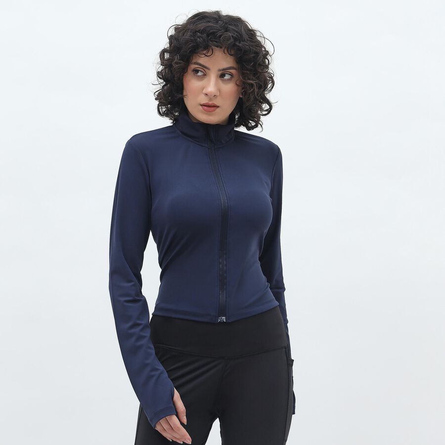 Women's Deep Midnight Navy High Neck Athleisure Jacket, Navy Blue, large image number null