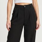 Women's Black Wide Leg Pleated Trousers, काला, small