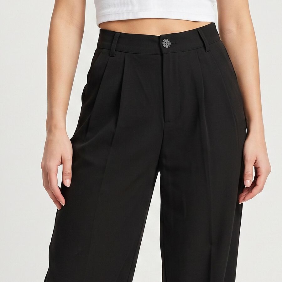 Women's Black Wide Leg Pleated Trousers, काला, large