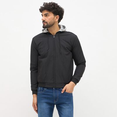Men's Jet Black Hooded Casual Jacket
