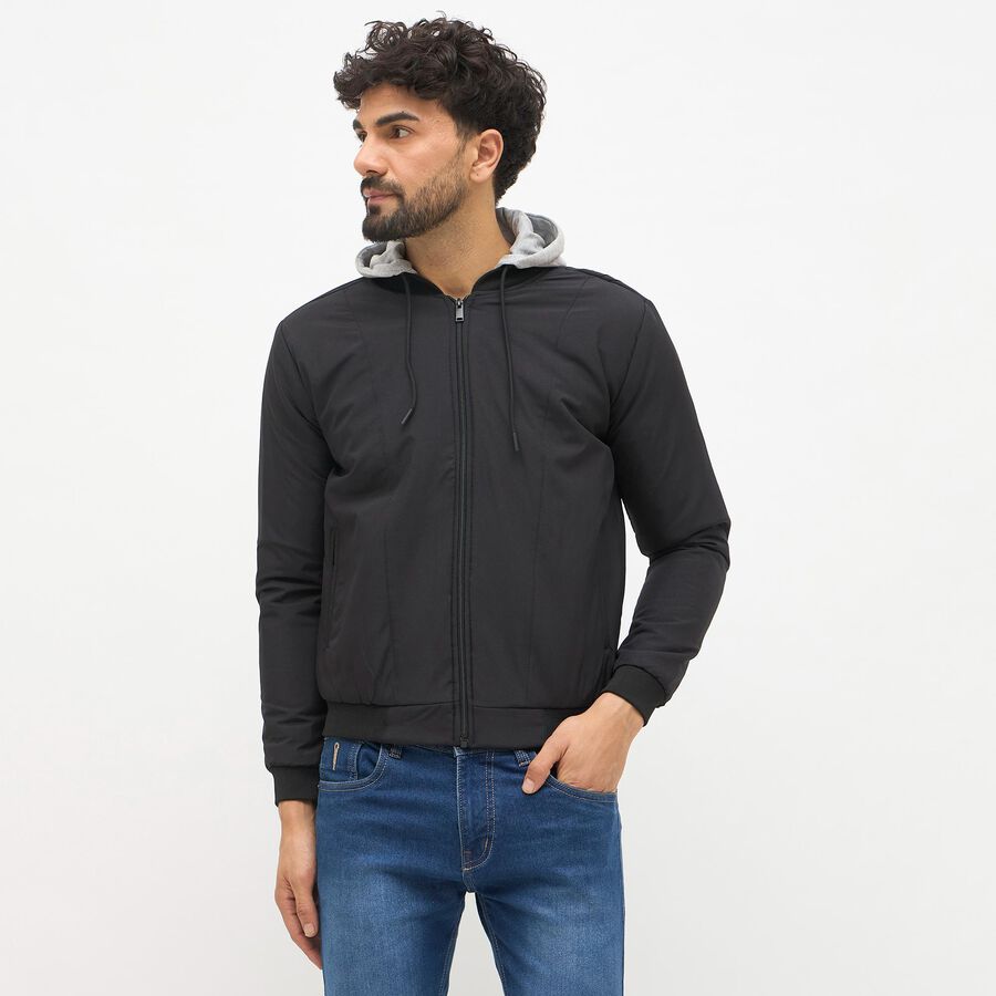 Men's Jet Black Hooded Casual Jacket, काला, large image number null