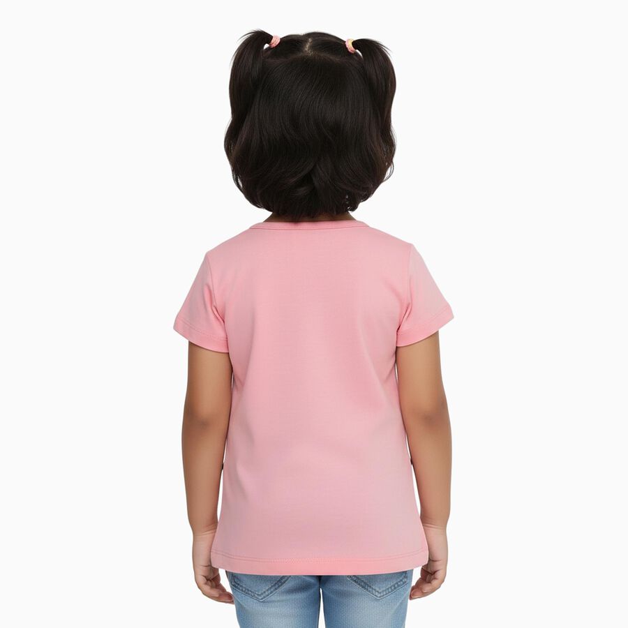 Girls' Pink Cotton Round Neck Casual T-Shirt, गुलाबी, large