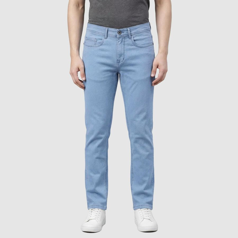 Men's Navy Blue Slim Fit Five Pocket Jeans, आइस ब्लू, large