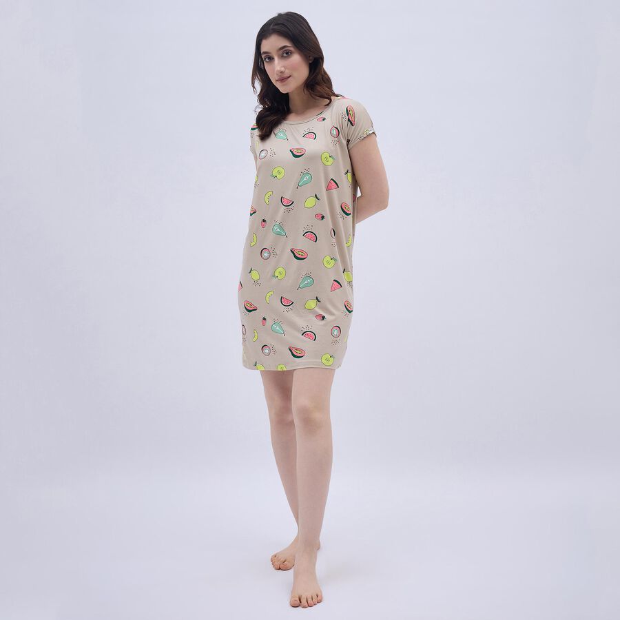 Women's Light Beige Round Neck Casual Nighty, Beige, large image number null