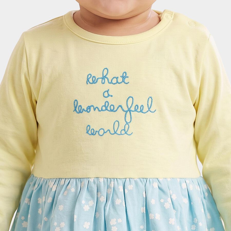 Infants' Yellow Fit and Flare Embroidered Long Sleeve Frock, पीला, large