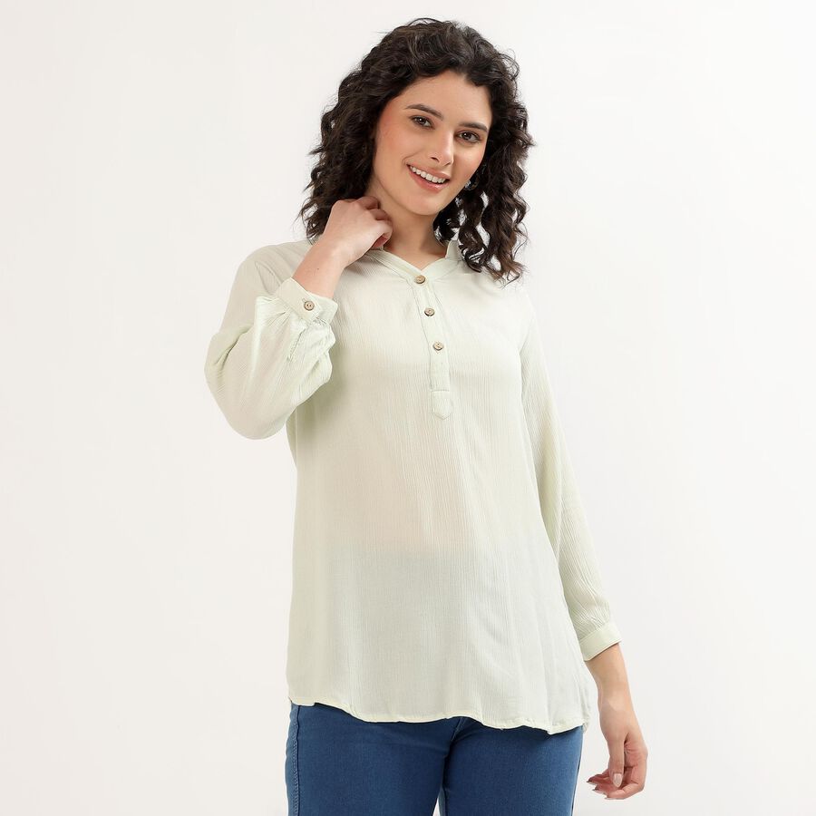 Women's Light Sage Green Mandarin Collar Solid Kurti, हल्का हरा, large