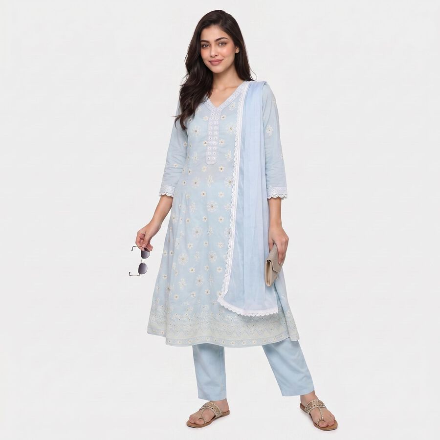 Women Light Blue 100% Cotton Embroidered Ethnic Set, Light Blue, large