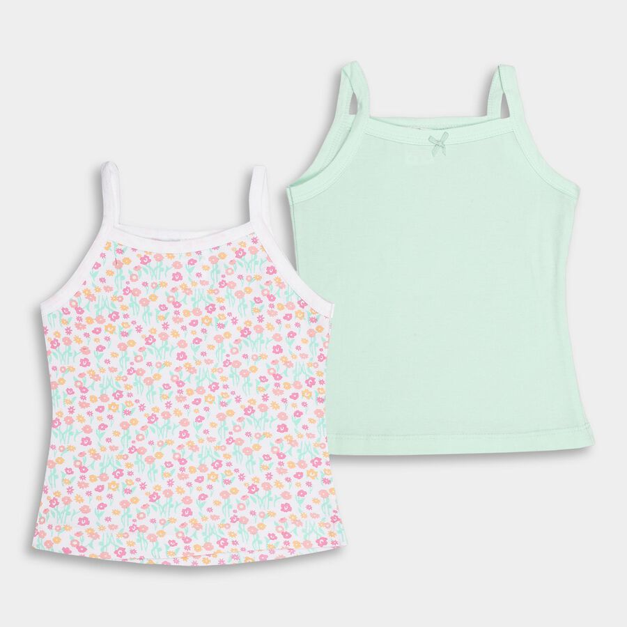 Girls' Pastel Green and Floral Cotton Spaghetti Neck Sleeveless Vest, Light Green, large image number null