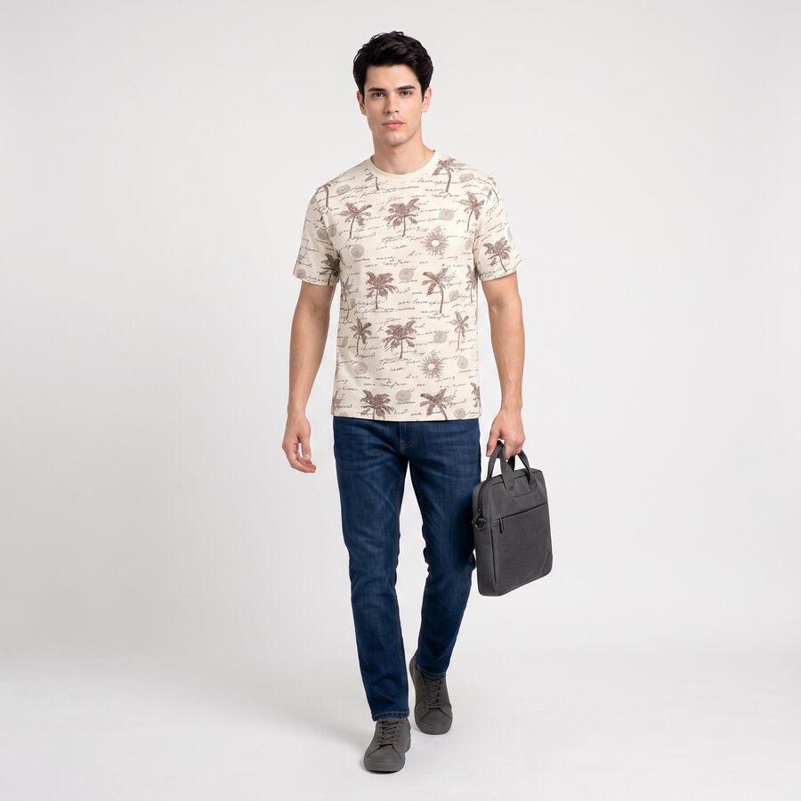 Men's Beige Round Neck Regular Printed T-Shirt, गहरा पीला, large