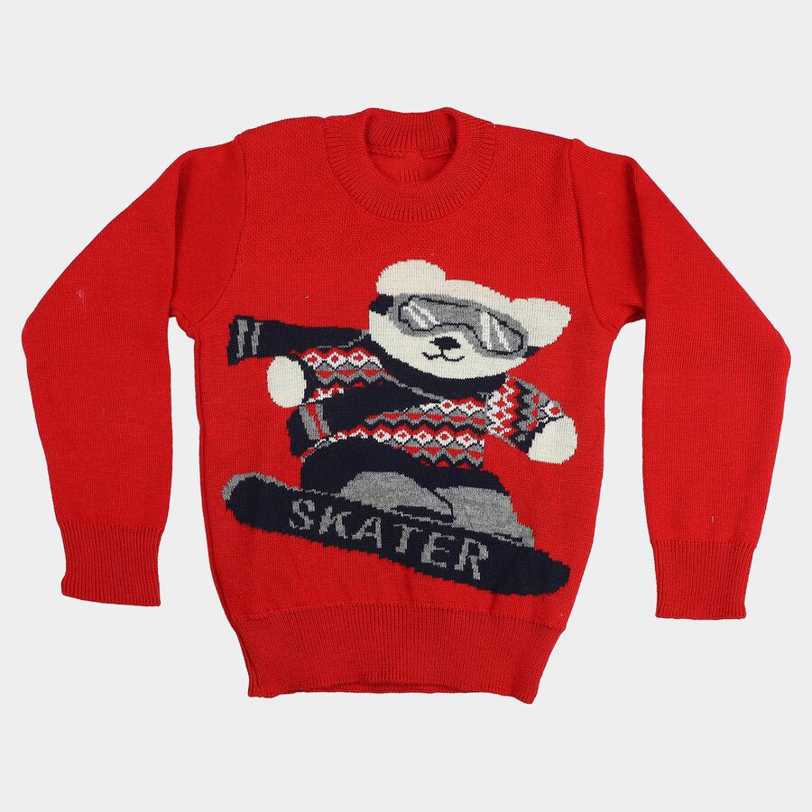 Boys Red Crew Neck Graphic Pullover, Red, large