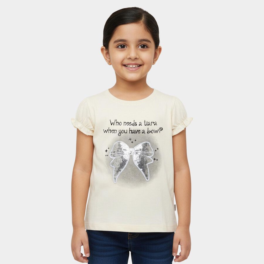 Girls Beige Cotton Round Neck Casual T-Shirt, Beige, large