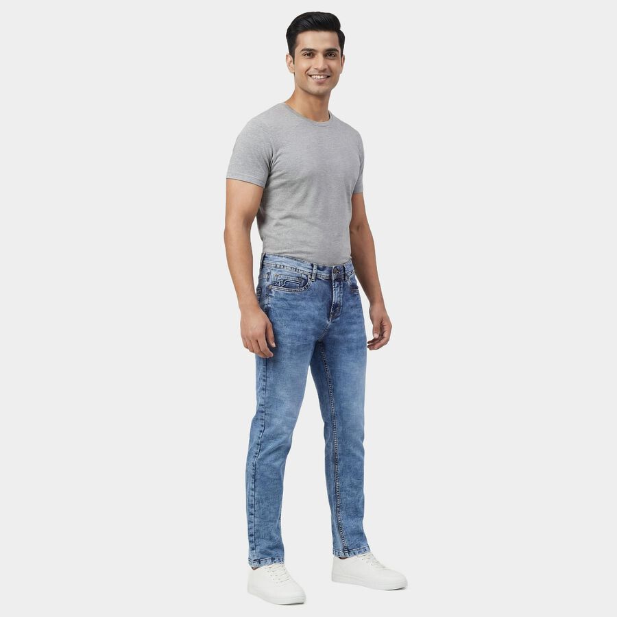 Men's Navy Blue Slim Fit Washed Jeans, Dark Blue, large