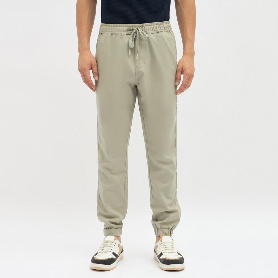 Men's Muted Beige Slim Fit Jogger Style Casual Trousers, Light Green, large image number null