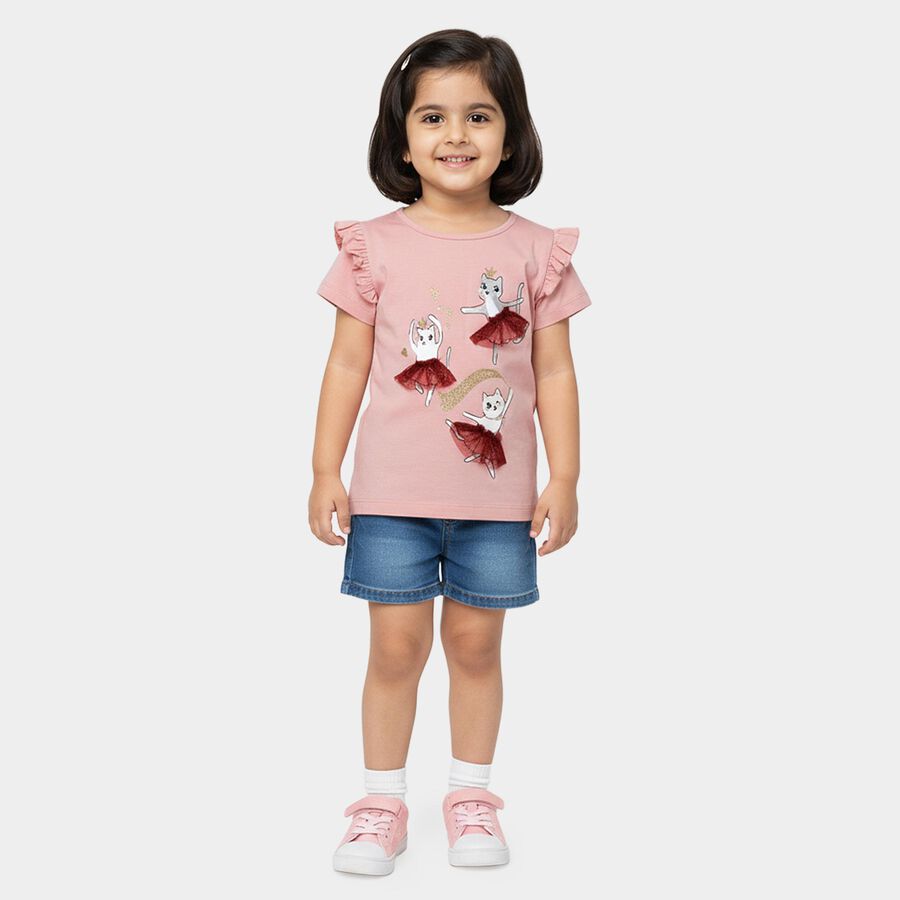 Girls' Pink Cotton Round Neck Ruffle Sleeve Printed T-Shirt, हल्का गुलाबी, large