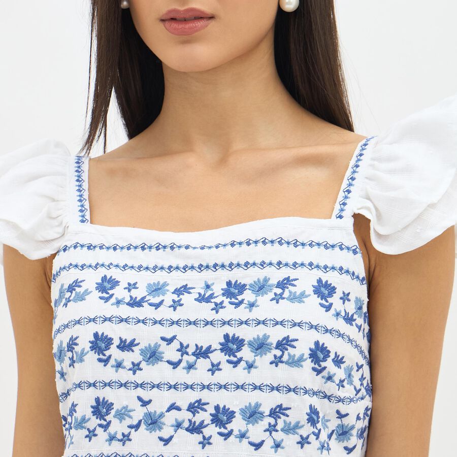 Women's Bright White Cotton Sleeveless Empire Dress, हल्का नीला, large image number null