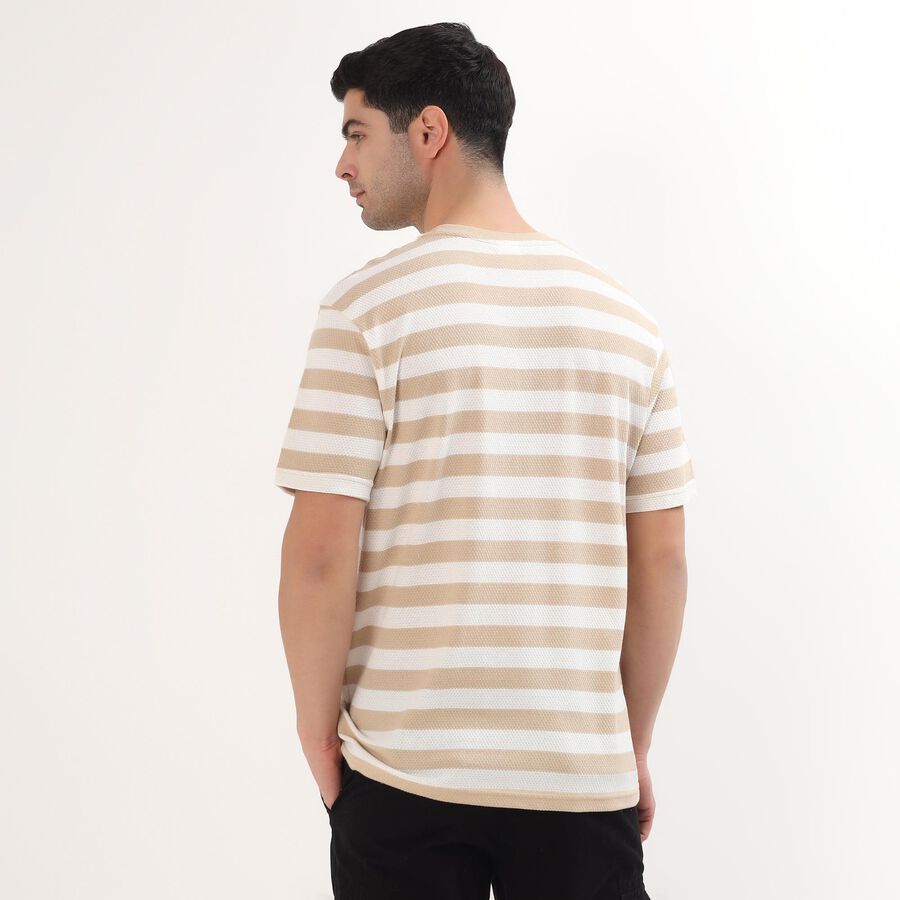 Men's Muted Beige Round Neck Striped T-Shirt, Beige, large