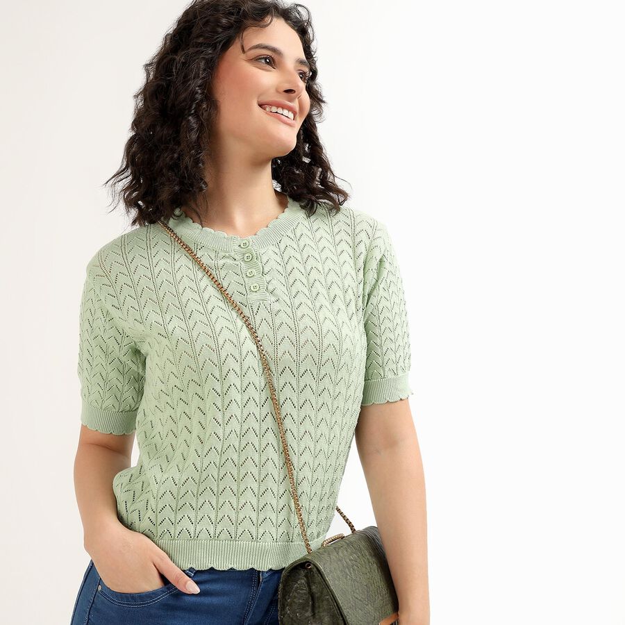 Women's Light Sage Green Scalloped Neck Casual Top, हल्का हरा, large