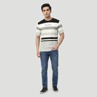 Men's White Round Neck Striped T-Shirt, White, small