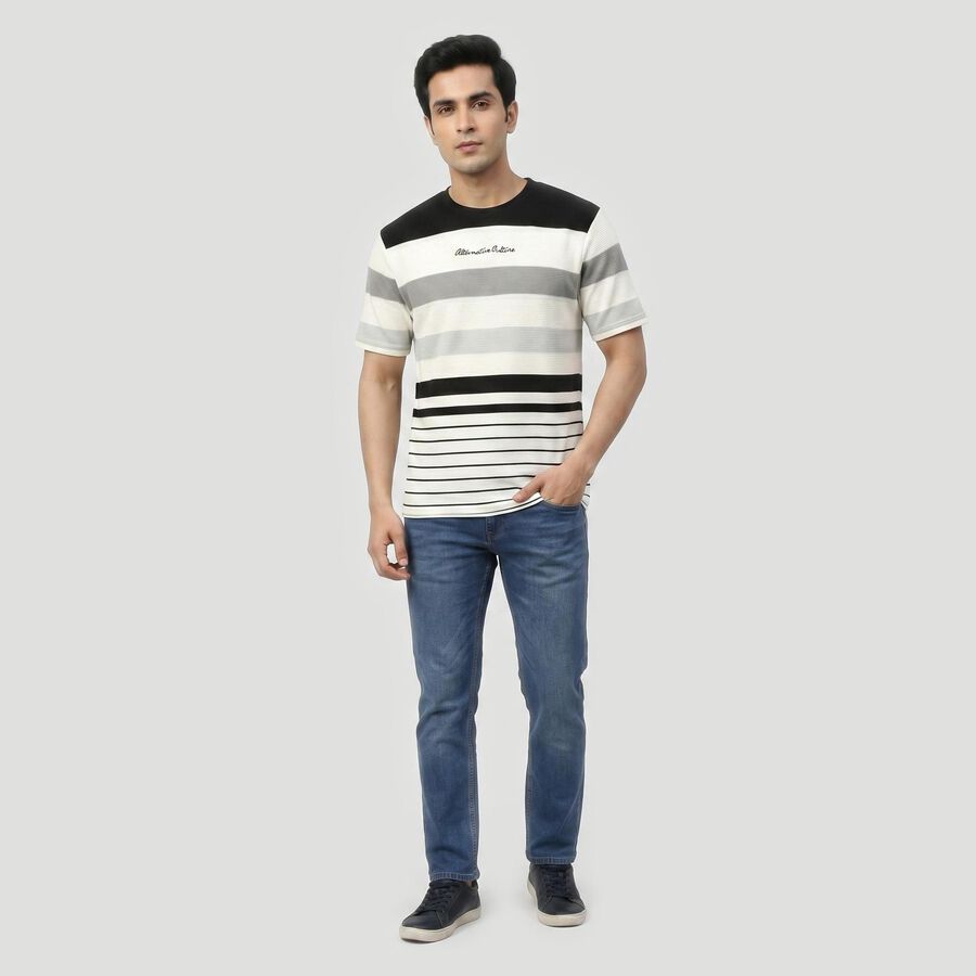 Men's White Round Neck Striped T-Shirt, White, large