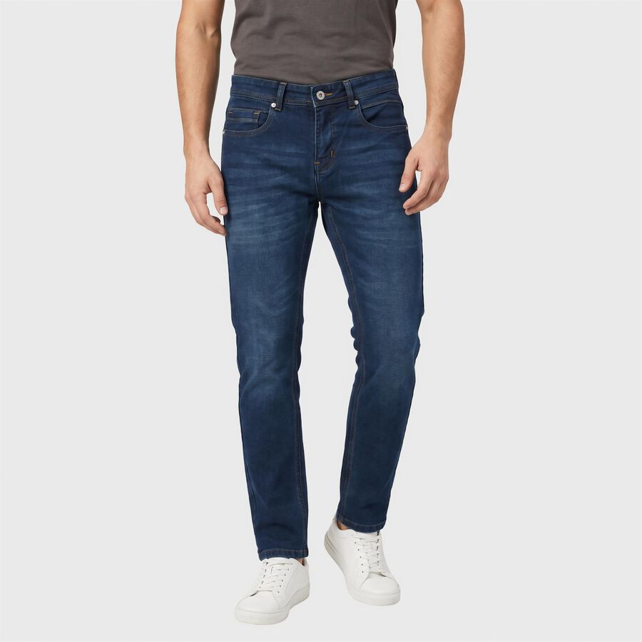 Men's Navy Blue Slim Fit Washed Jeans, Dark Blue, large
