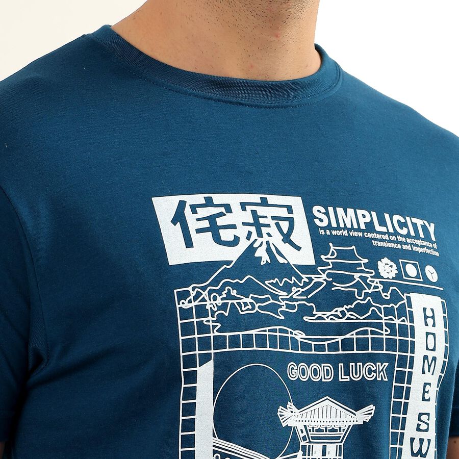 Men's Dark Petrol Blue Round Neck Graphic Printed T-Shirt, Teal Blue, large