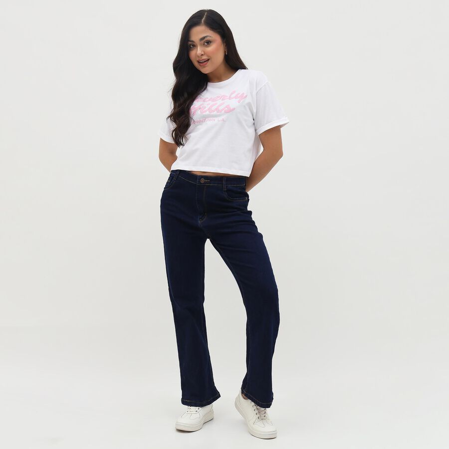 Women's Bright Snow White Cotton Round Neck Casual Crop Top, White, large