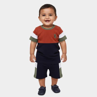 Infants' Navy Blue Cotton Round Neck Colorblock Baba Suit