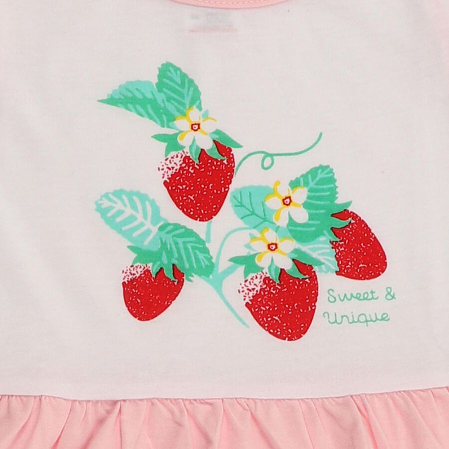 Girls' Soft Pink Strawberry Printed Flared Frock, Light Pink, large image number null