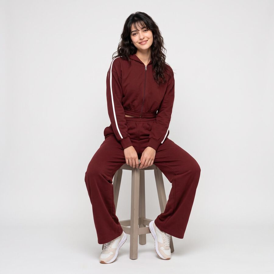 Women Maroon Hooded Track suit, वाइन, large