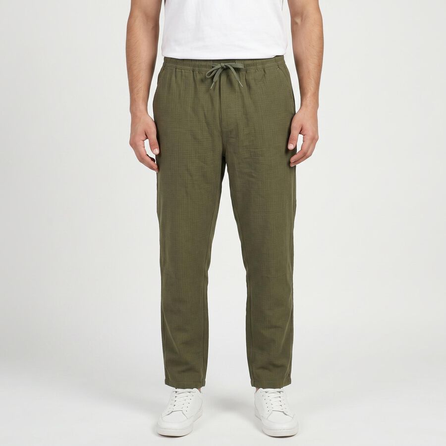 Men's Olive Green Slim Fit Drawstring Chino Trousers, Olive, large