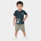Boys' Teal 100% Cotton Crew Neck Graphic Print Baba Suit, टील ब्लू, small