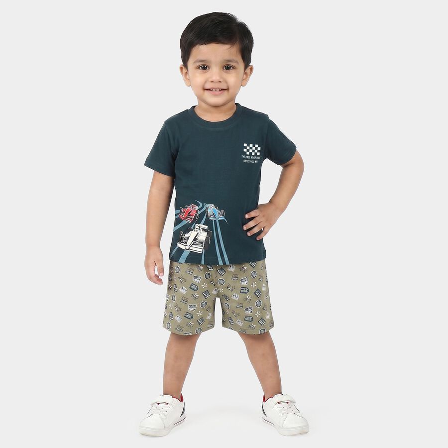 Boys' Teal 100% Cotton Crew Neck Graphic Print Baba Suit, टील ब्लू, large