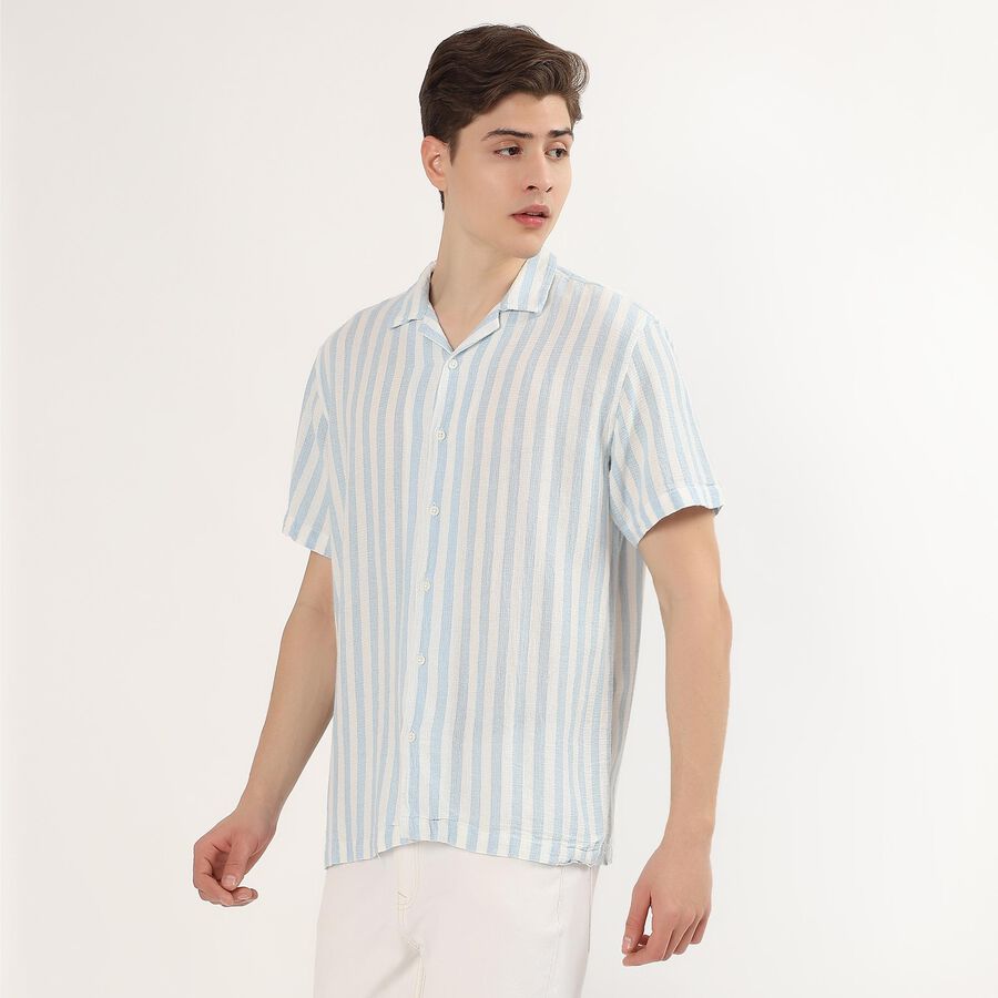 Men's Light Blue Cotton Half Sleeve Cuban Collar Casual Shirt, Light Blue, large